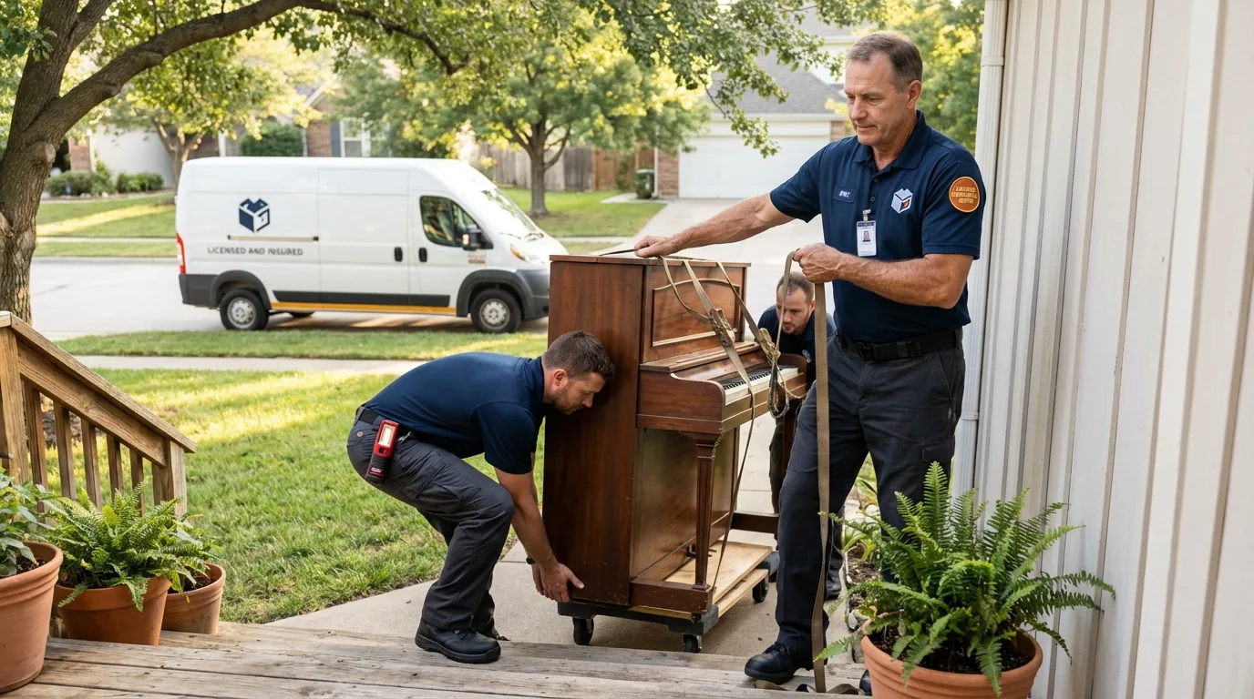 Licensed piano movers securing grand piano in Clayton, NM