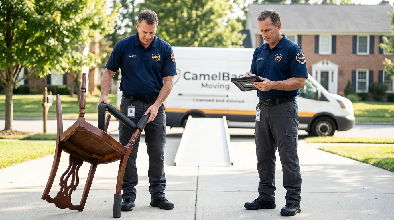 Movers inspecting furniture for damage prevention before loading in Clayton, NM