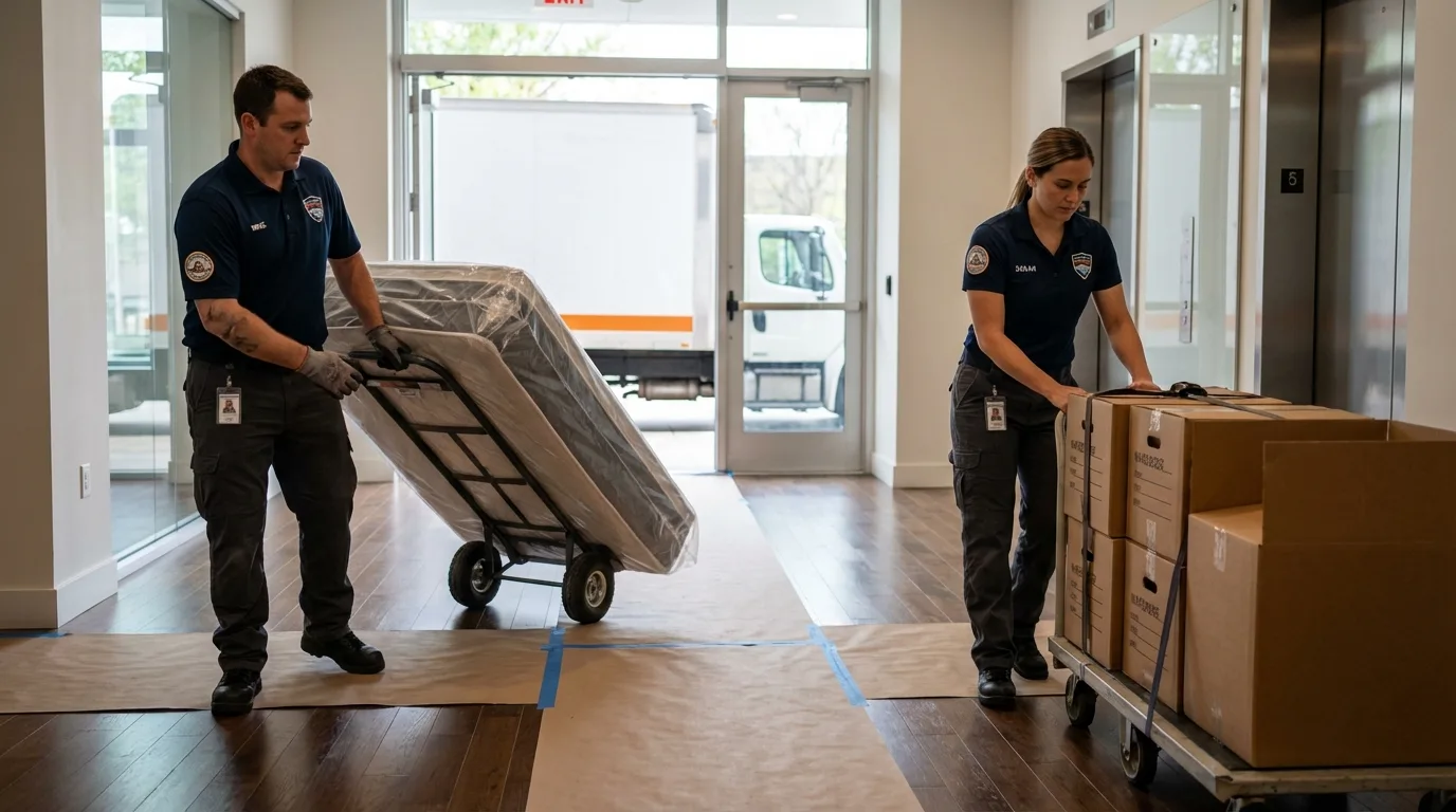 Professional apartment movers loading elevator in Clayton, NM